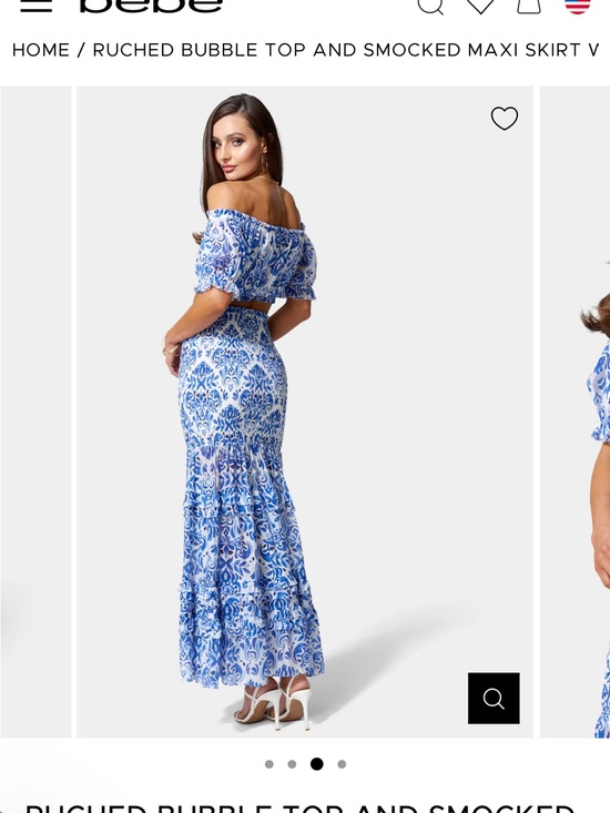 bebe Dresses & Skirts - Bebe RUCHED BUBBLE TOP AND SMOCKED MAXI SKIRT WOVEN SET Blue And White 10 Medium